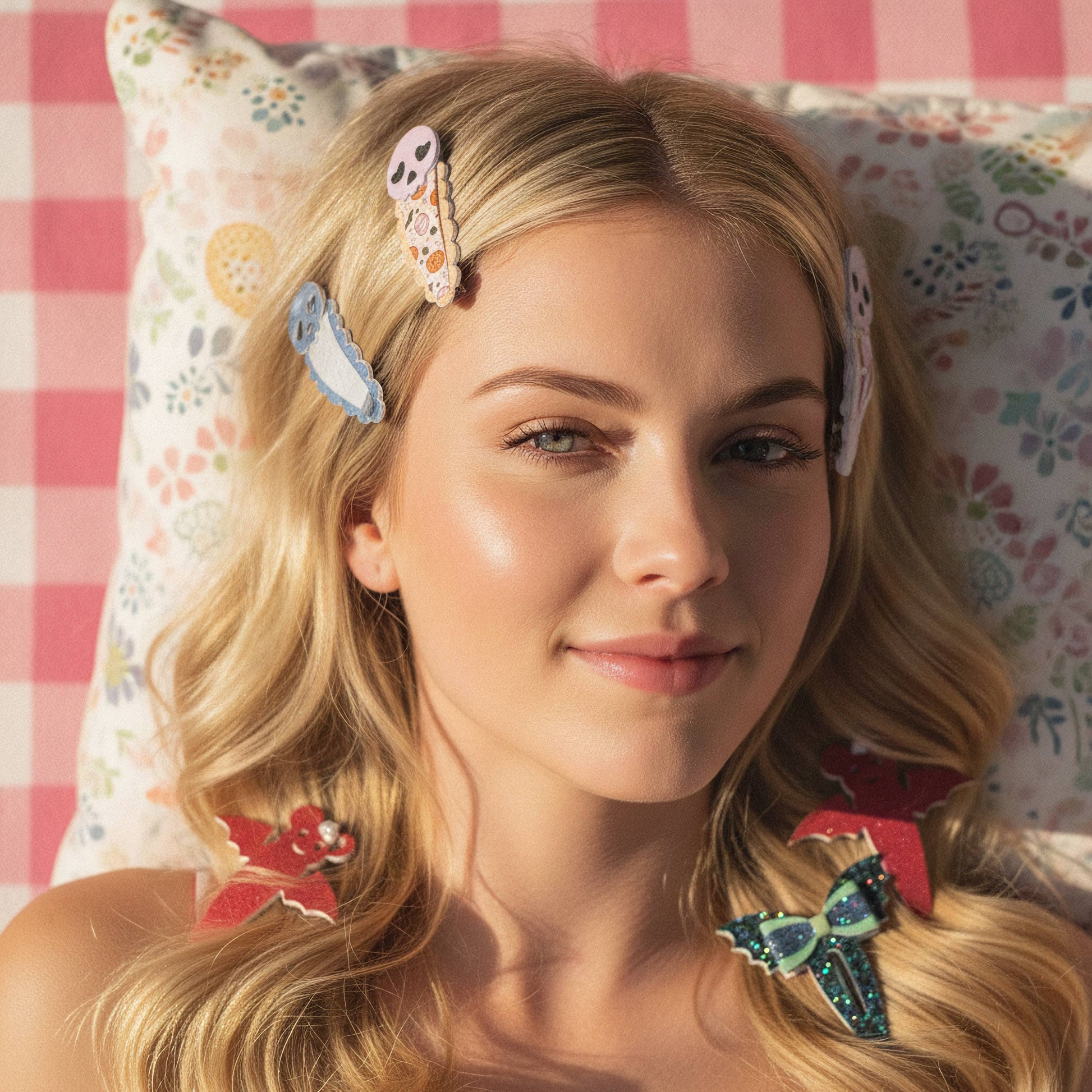 A blonde woman with wavy hair wearing multiple colorful decorative hair clips, including butterfly and skull designs, resting against a floral pillow with a pink checkered background.