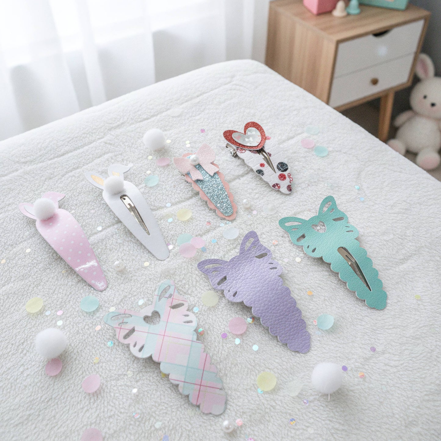 Six pastel-colored hair claw clips with cute animal and food-inspired designs, arranged on a white textured blanket with decorative confetti and pom-poms.