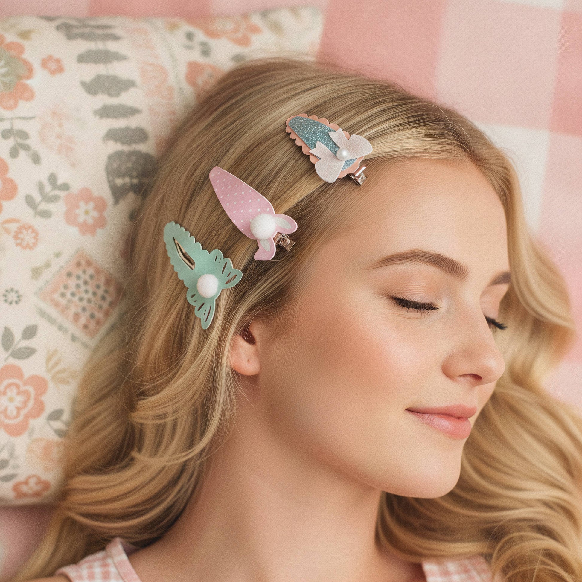 Three pastel butterfly hair clips in pink, mint green, and light blue are shown worn on a blonde woman's hair, with a pink and white checkered pillow in the background.