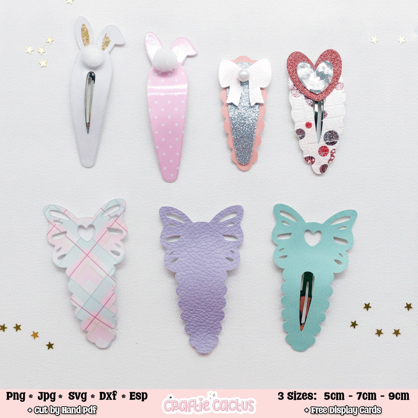 Six decorative hair claw clips arranged in two rows on a white background with small gold star confetti. The top row includes bunny-ear clips in white and pastel pink, a glittery silver bow clip, and a red glitter heart clip.