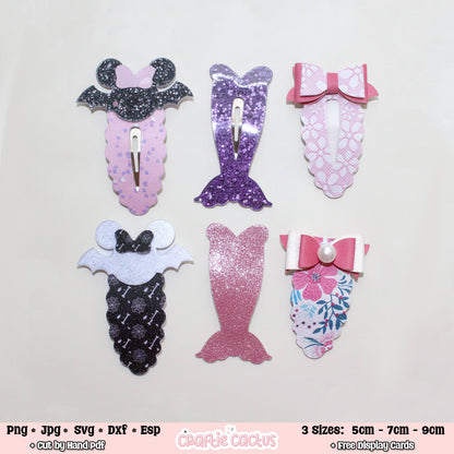 Six mermaid-themed hair clips displayed on a light background, including glittery and floral designs with bows and bat motifs. Text at the bottom lists file formats and sizes.