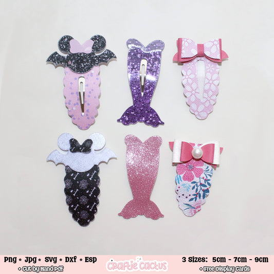 Six mermaid-themed hair clips displayed on a light background, including glittery and floral designs with bows and bat motifs. Text at the bottom lists file formats and sizes.