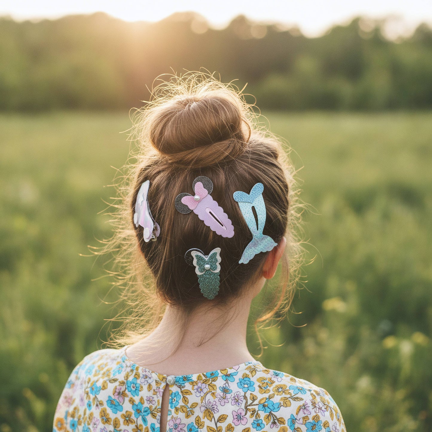 A person seen from behind outdoors in a grassy field at sunset, wearing several pastel hair clips in light pink, blue, lavender, and green.
