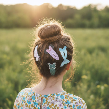 A person seen from behind outdoors in a grassy field at sunset, wearing several pastel hair clips in light pink, blue, lavender, and green.