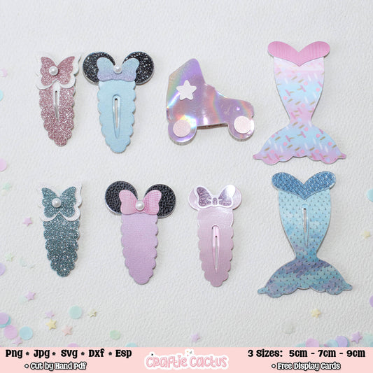 Six mermaid-themed hair clips arranged on a white textured background with pastel confetti. The set includes glittery and iridescent mermaid tails, bows with pearls, and Minnie Mouse-style mouse ears.