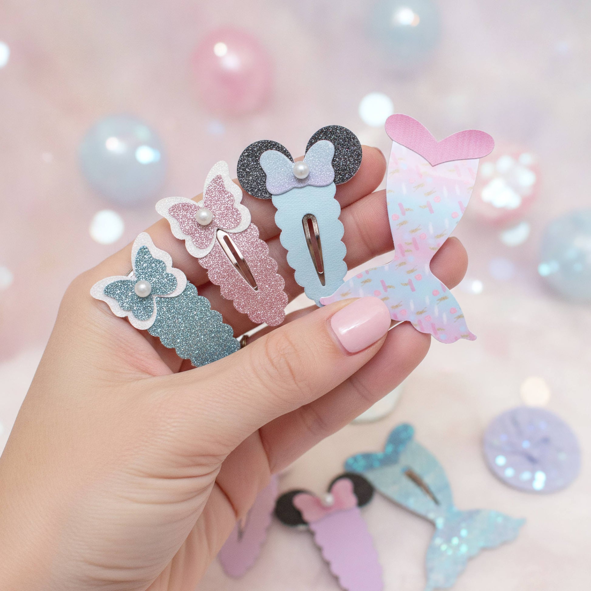 A hand holds four mermaid-themed hair clips in pastel colors against a soft pink background with blurred decorative pearls.