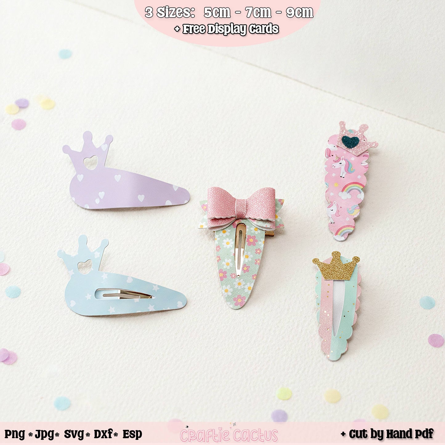 Four pastel hair claw clips arranged on a white textured background with confetti dots. The set includes a lavender clip with white hearts, a light blue clip with white hearts, a pink bow clip with pastel floral details, and a mint pink clip with a gold crown.