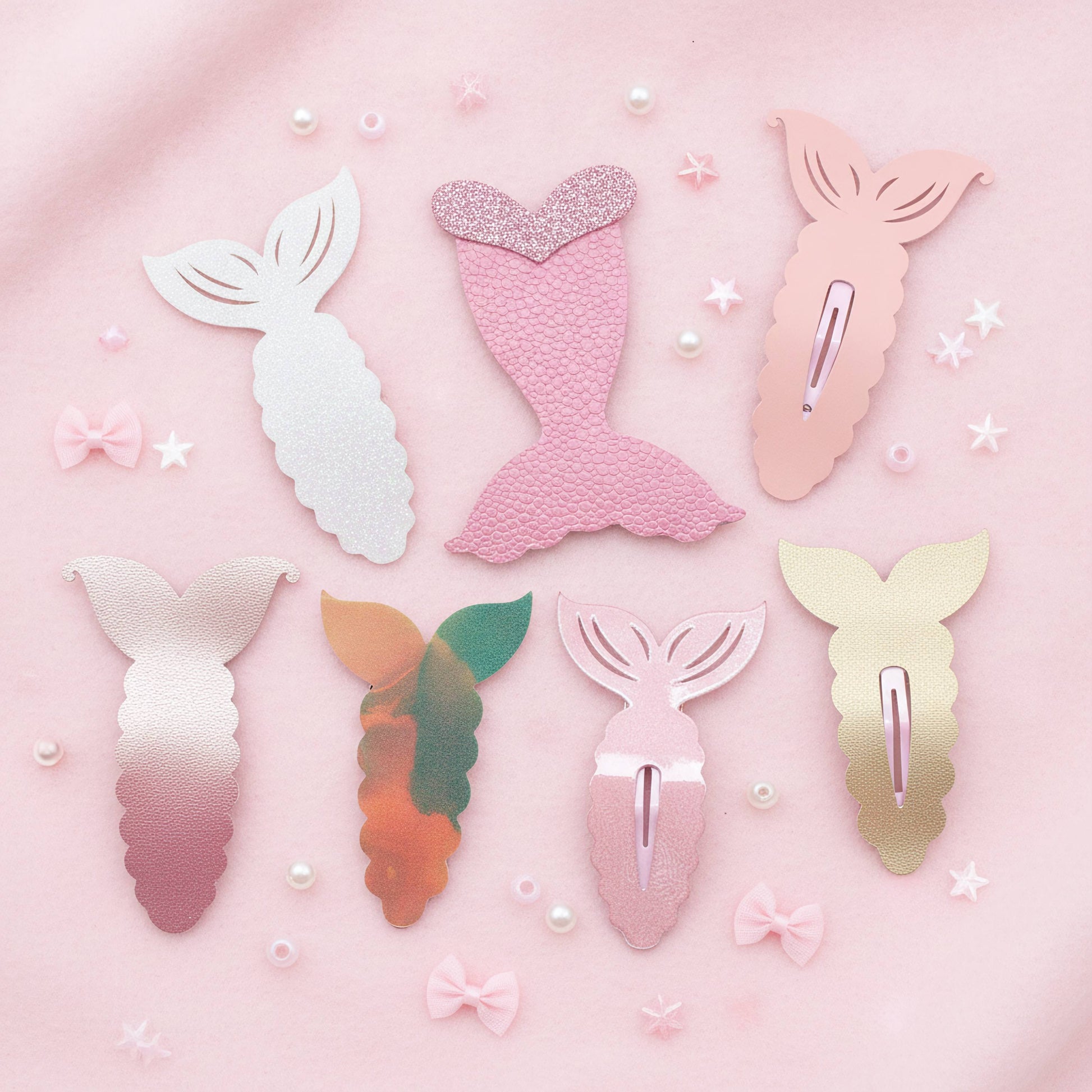 Six mermaid tail hair clips arranged on a soft pink background with small pearl-like beads and star accents. The clips come in assorted colors and finishes, including white, glittery pink, blush pink, peach, ombre pink, gradient green-orange, pale pink, and champagne gold.