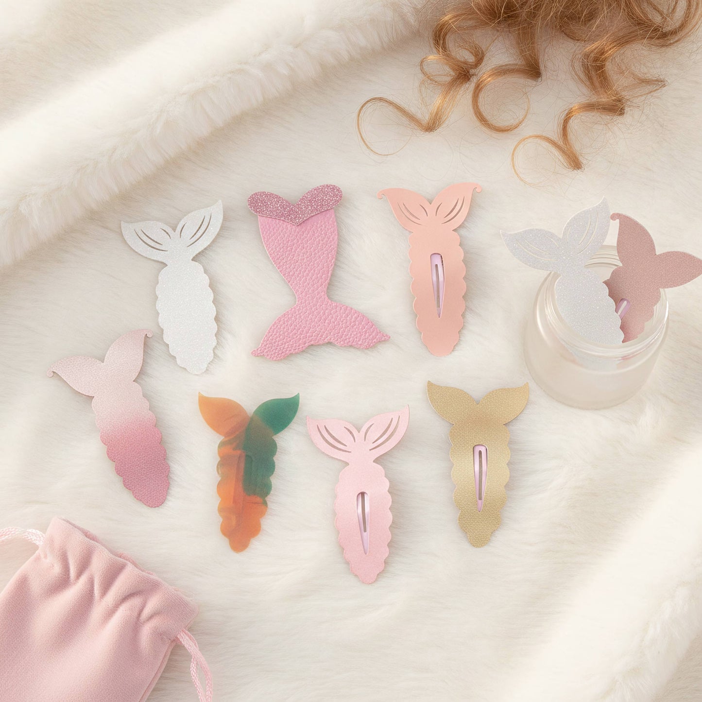A set of pastel mermaid tail hair clips arranged on a soft white faux-fur surface, with a small pink drawstring pouch and a jar of clips nearby. The clips come in white, pink, peach, green-orange, and gold tones.