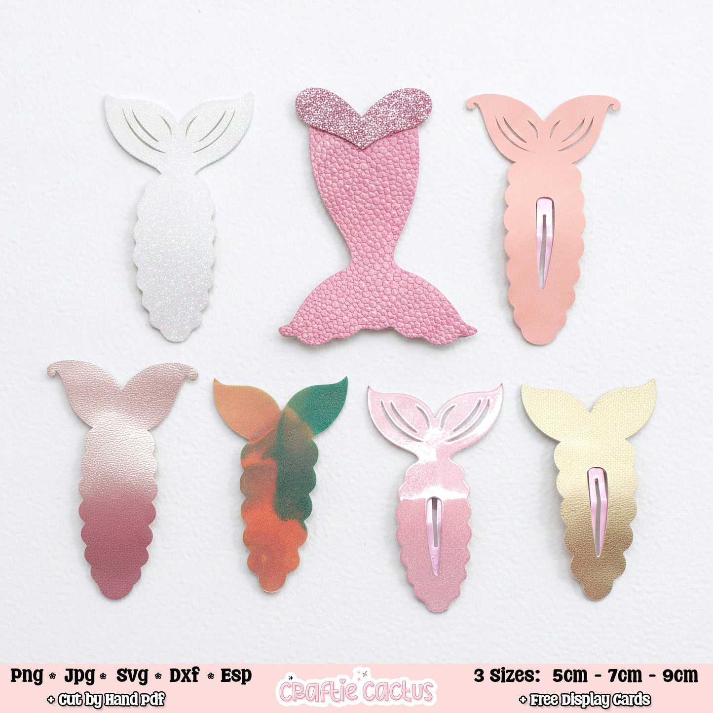Six mermaid tail shaped display cards or stickers shown on a white background, with file format text and size information along the bottom. The tails come in white, pink glitter, peach, pink-to-rose gradient, green-to-orange gradient, light pink, and pale gold designs.