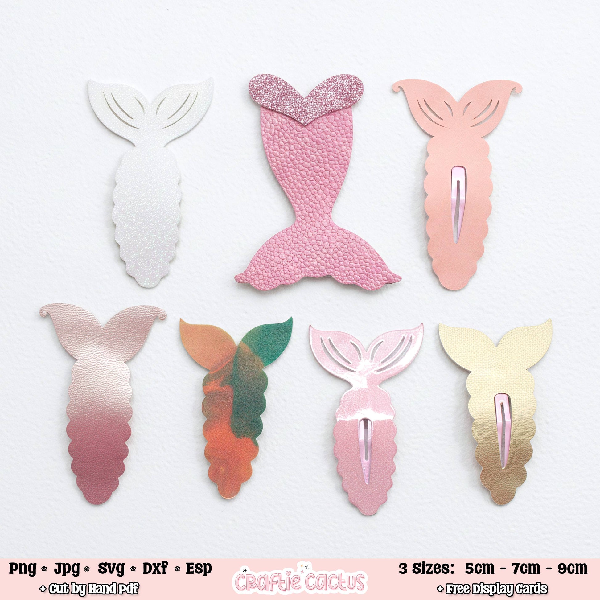 Six mermaid tail shaped display cards or stickers shown on a white background, with file format text and size information along the bottom. The tails come in white, pink glitter, peach, pink-to-rose gradient, green-to-orange gradient, light pink, and pale gold designs.
