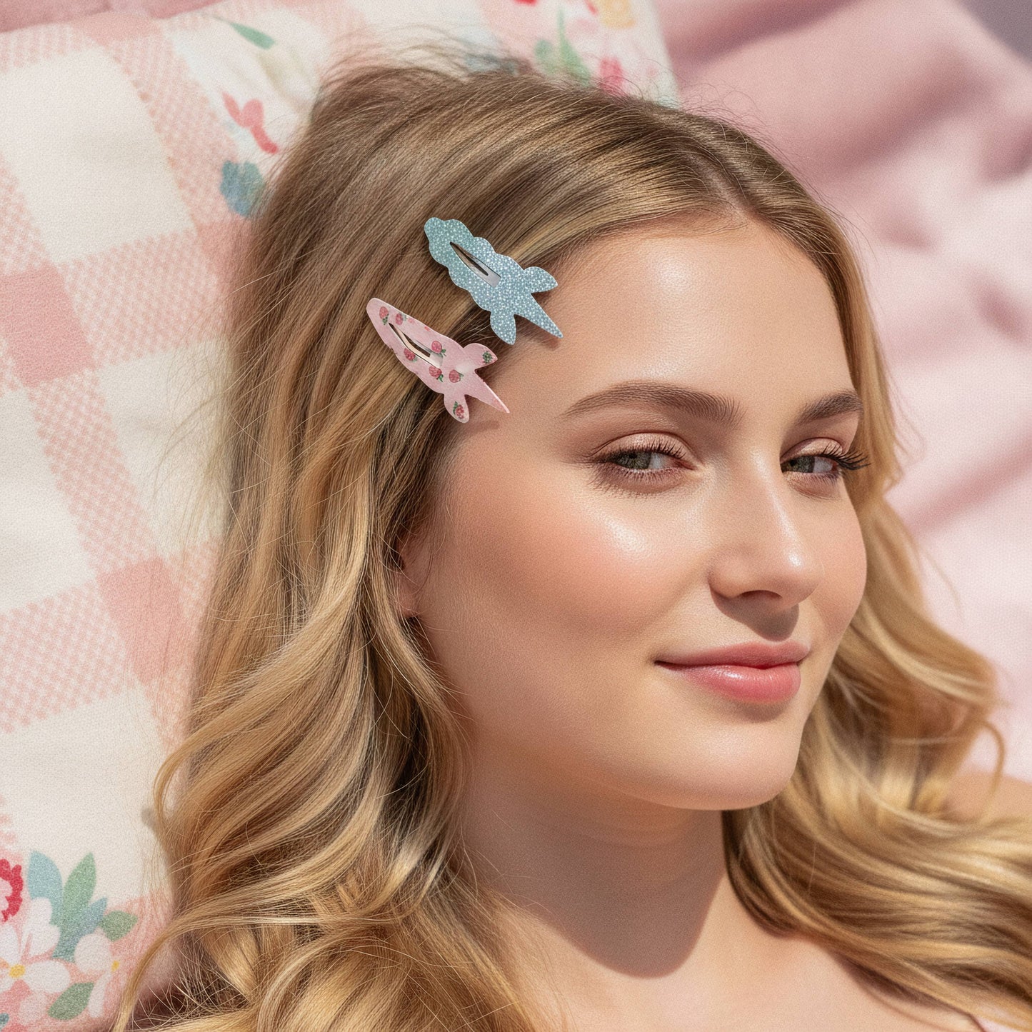 A close-up lifestyle shot of a woman with wavy blonde hair wearing two decorative hair clips, one light blue and one light pink, resting against a pink and white checkered pillow.