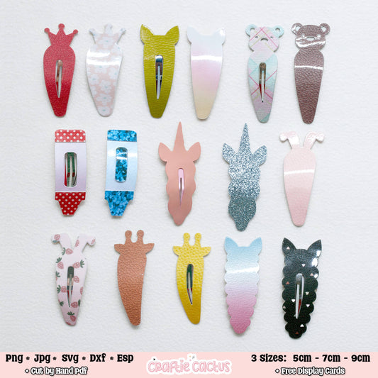 A set of 15 cute animal and abstract hair clips arranged in a grid on a white background, with file format and size text at the bottom.