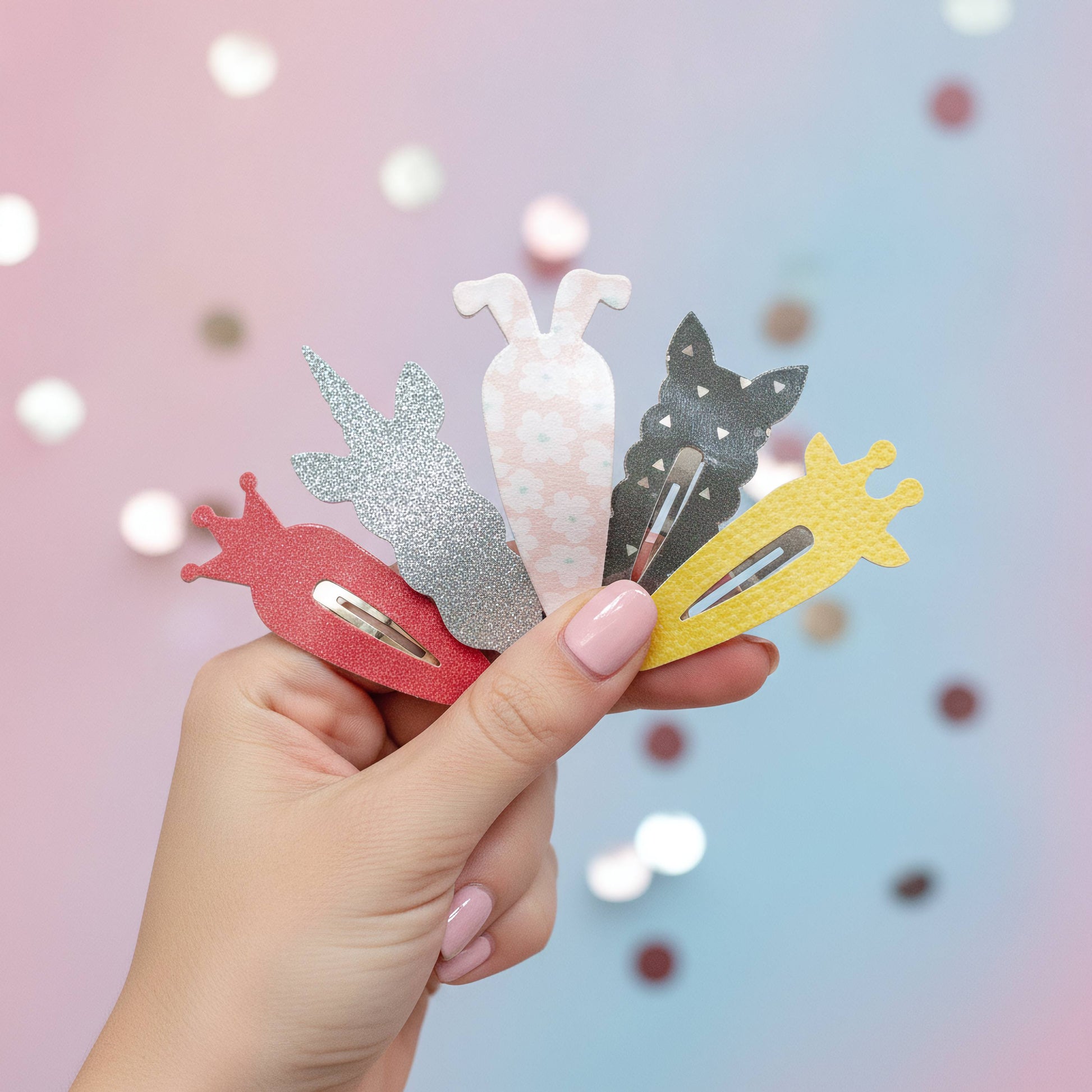 A hand with pink manicured nails holds four small hair claw clips shaped like animals and objects: a red snail, a silver rabbit, a white bunny with pink spots, a black cat, and a yellow giraffe. The background is a soft pink-to-blue gradient with blurred bokeh lights.