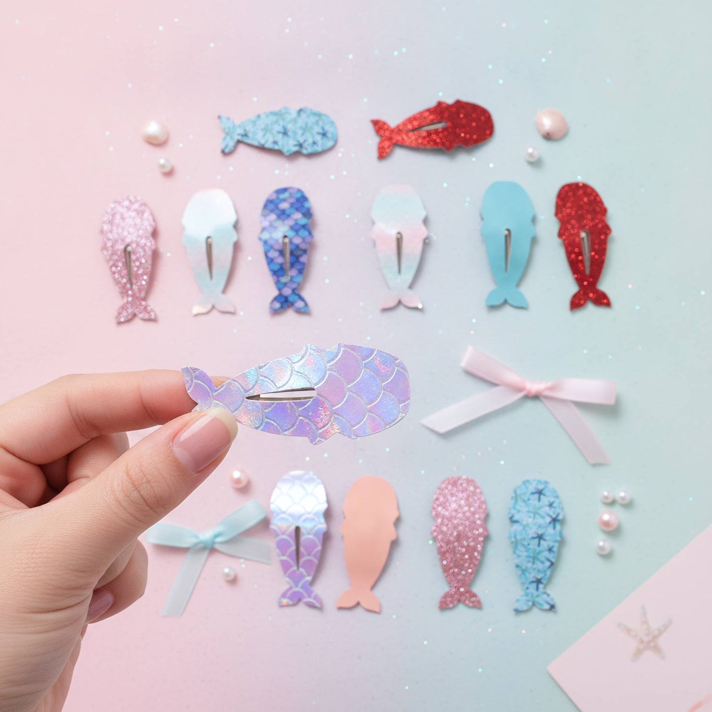 A hand holds a mermaid tail hair clip in the center, surrounded by multiple mermaid tail hair clips in different colors and glitter finishes, along with small pearl-like beads and ribbon bows, arranged on a pastel pink and blue background.