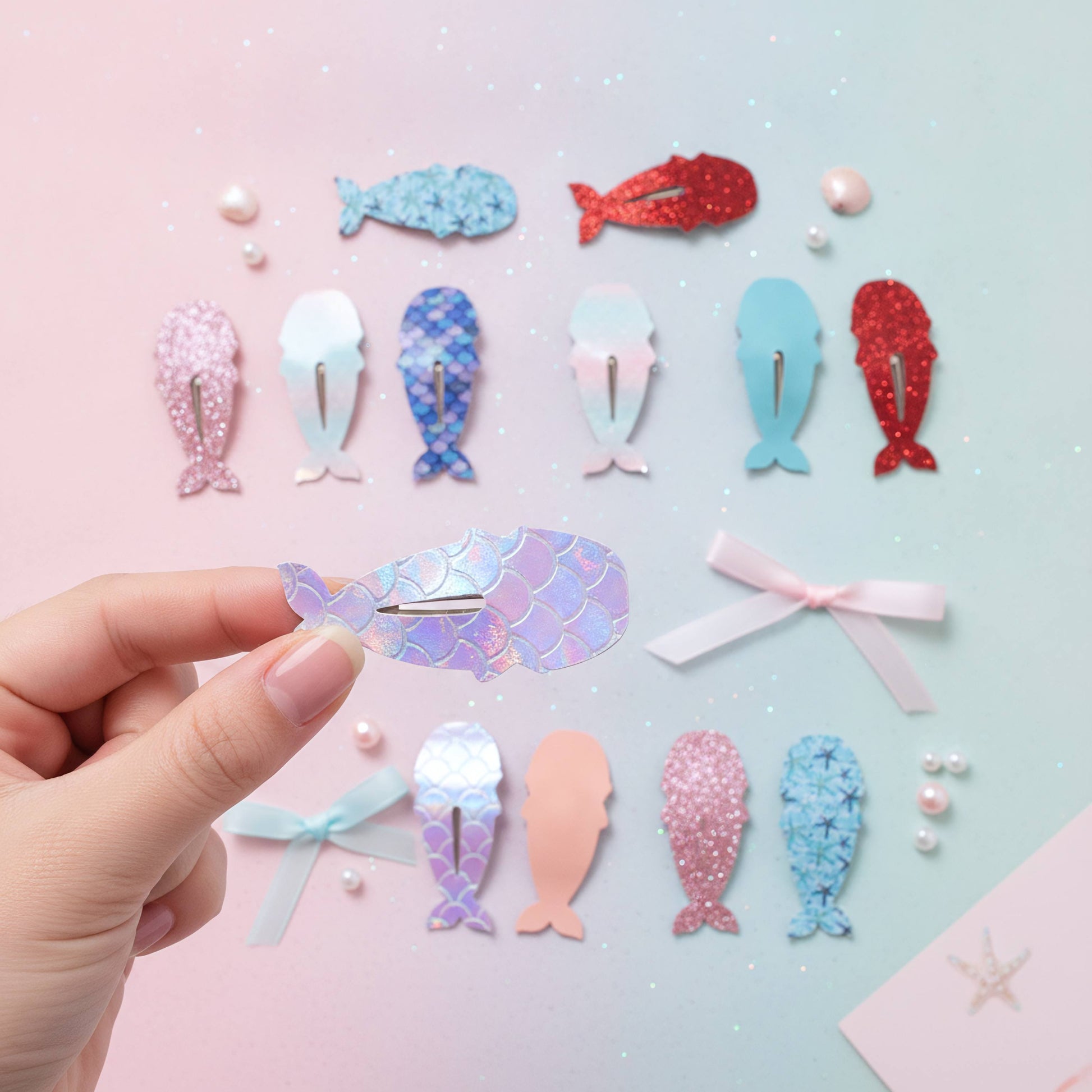 A hand holds a mermaid tail hair clip in the center, surrounded by multiple mermaid tail hair clips in different colors and glitter finishes, along with small pearl-like beads and ribbon bows, arranged on a pastel pink and blue background.
