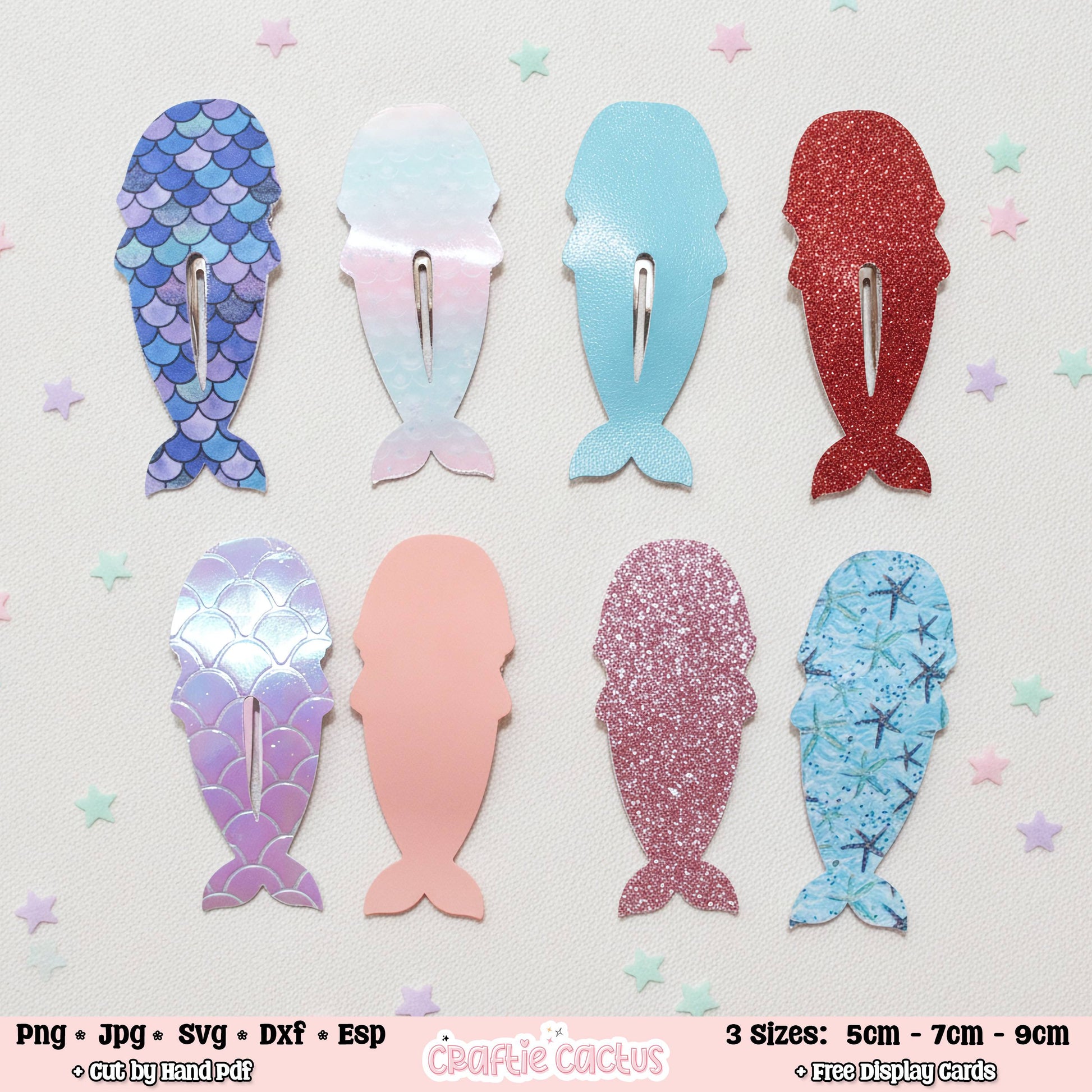 Eight mermaid tail clip art designs in various colors and textures (blue scales, pastel gradient, light blue, red glitter, purple scales, solid pink, pink glitter, and blue star pattern) arranged on a light pink background with star confetti. Text at the bottom lists file formats and sizes.