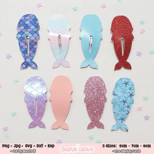 Eight mermaid tail clip art designs in various colors and textures (blue scales, pastel gradient, light blue, red glitter, purple scales, solid pink, pink glitter, and blue star pattern) arranged on a light pink background with star confetti. Text at the bottom lists file formats and sizes.