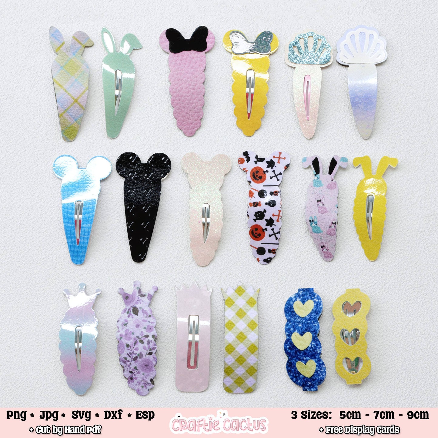 A grid of 20 hair claw clips in various cute, pastel, and patterned designs, including Mickey Mouse ears, bunnies, hearts, and floral motifs, displayed on a textured white background with file format and size text overlays.
