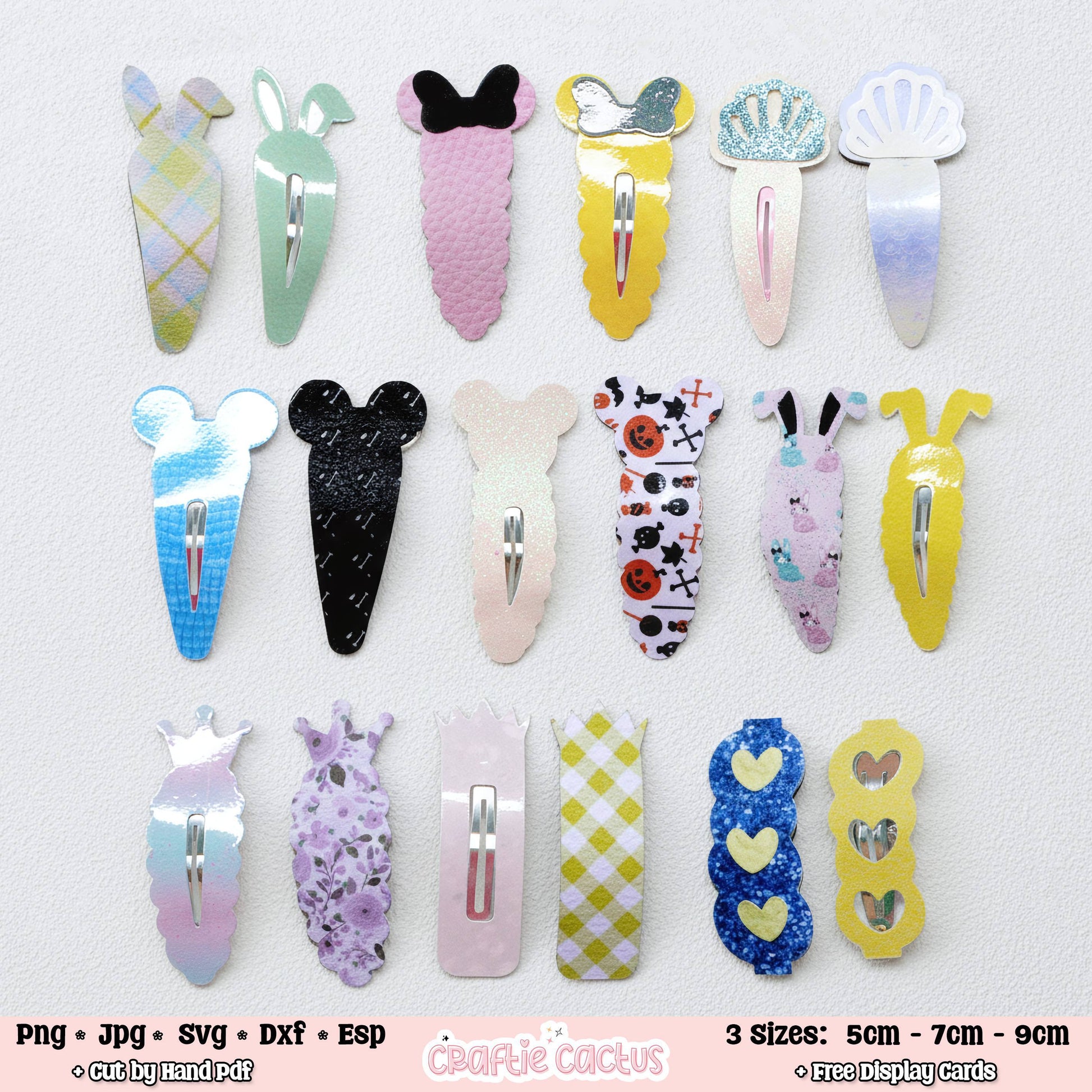 A grid of 20 hair claw clips in various cute, pastel, and patterned designs, including Mickey Mouse ears, bunnies, hearts, and floral motifs, displayed on a textured white background with file format and size text overlays.