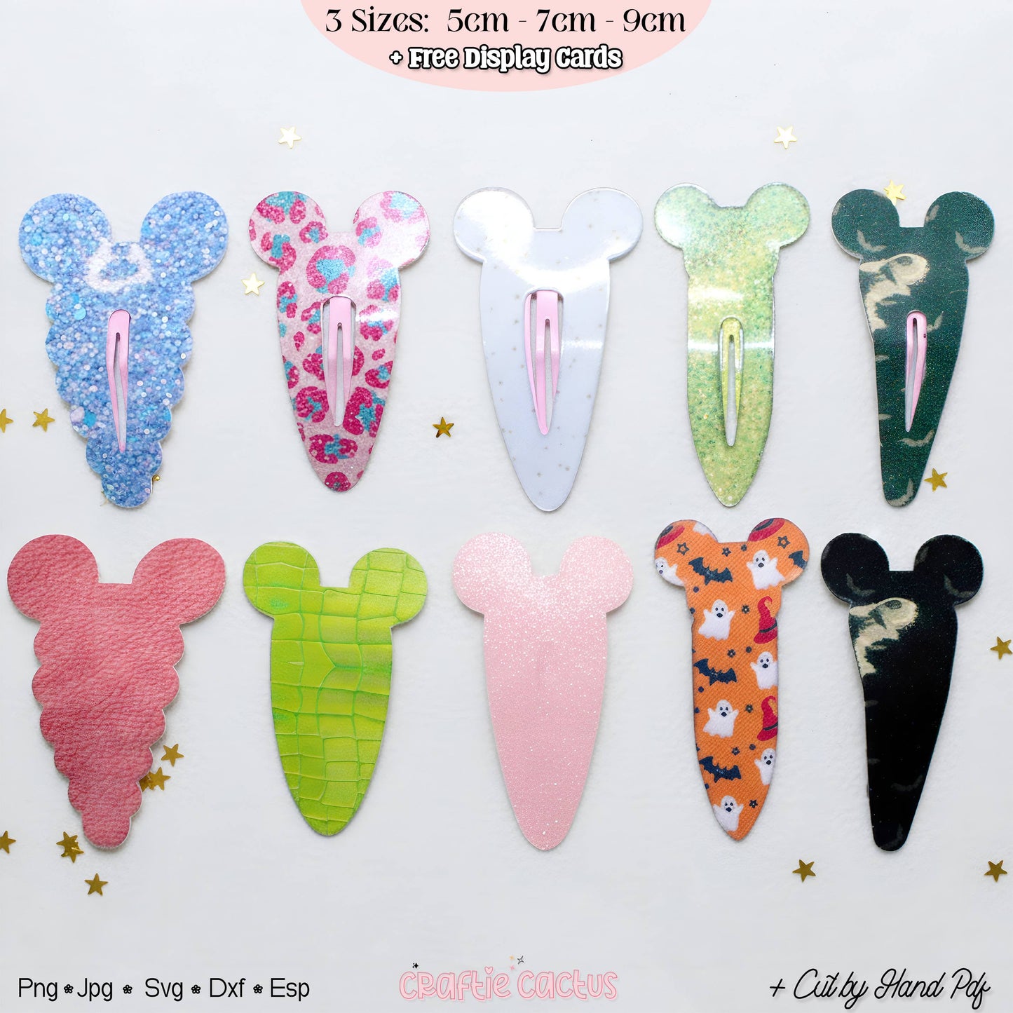 A set of ten Mouse-shaped hair clips in various colorful patterns and textures, arranged in two rows on a white background with decorative gold stars and text overlays.