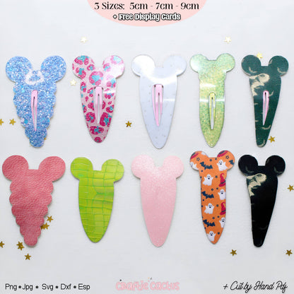 A set of ten Mouse-shaped hair clips in various colorful patterns and textures, arranged in two rows on a white background with decorative gold stars and text overlays.