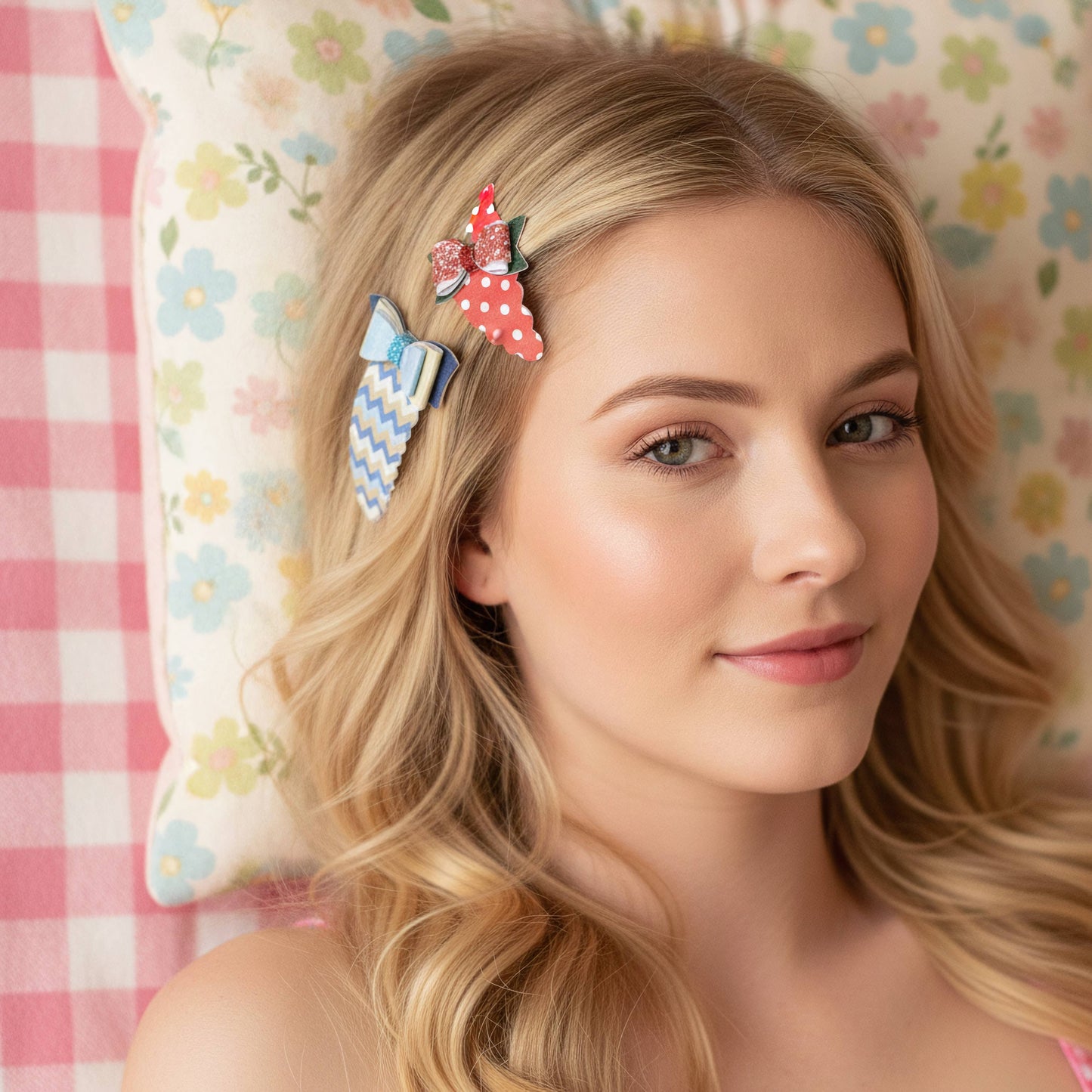 A blonde woman wearing three decorative hair clips, including a red strawberry clip, a blue bow clip, and a blue patterned clip, resting against a floral pillow and pink gingham blanket.