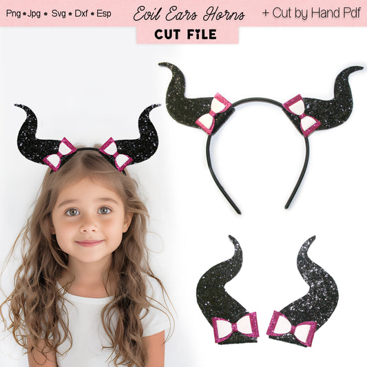  A smiling girl wearing a black horned headband with pink and white bows is pictured against a white background with balloons and a festive banner.