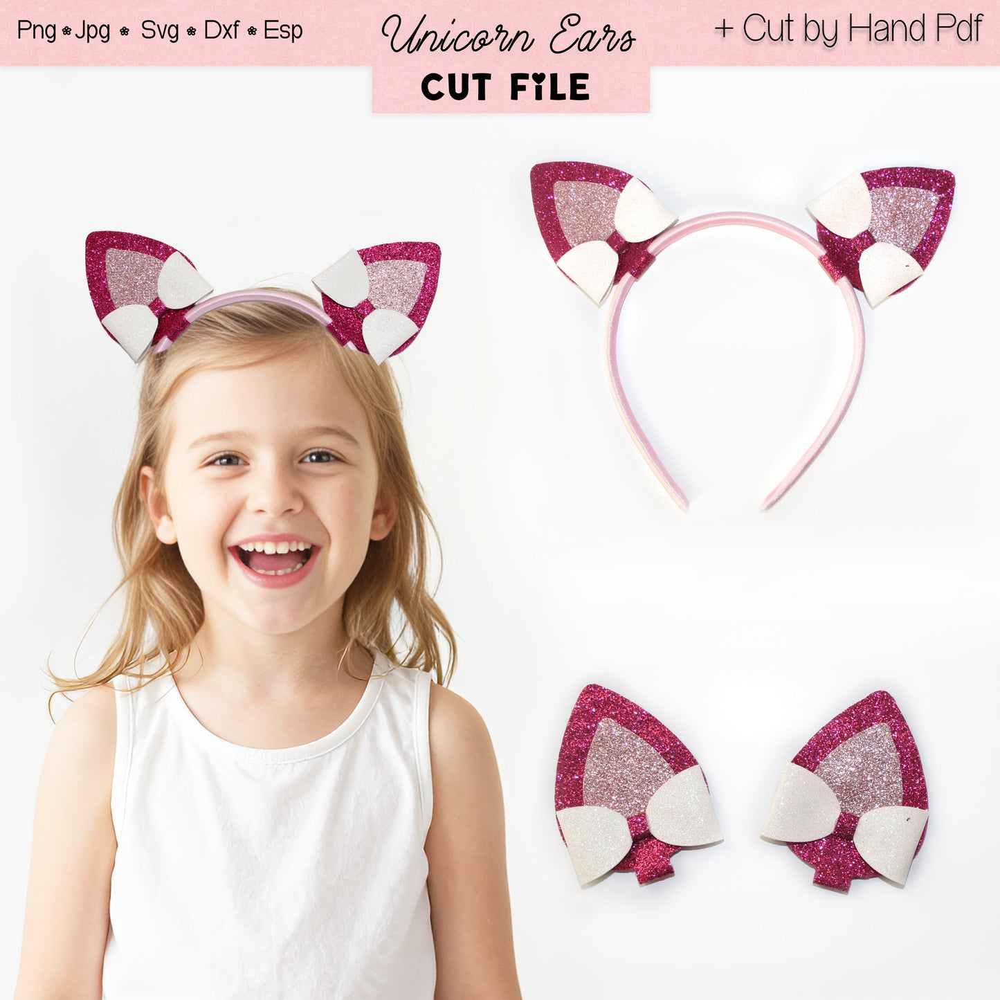A smiling young girl wears a pink headband with glittery unicorn ears.