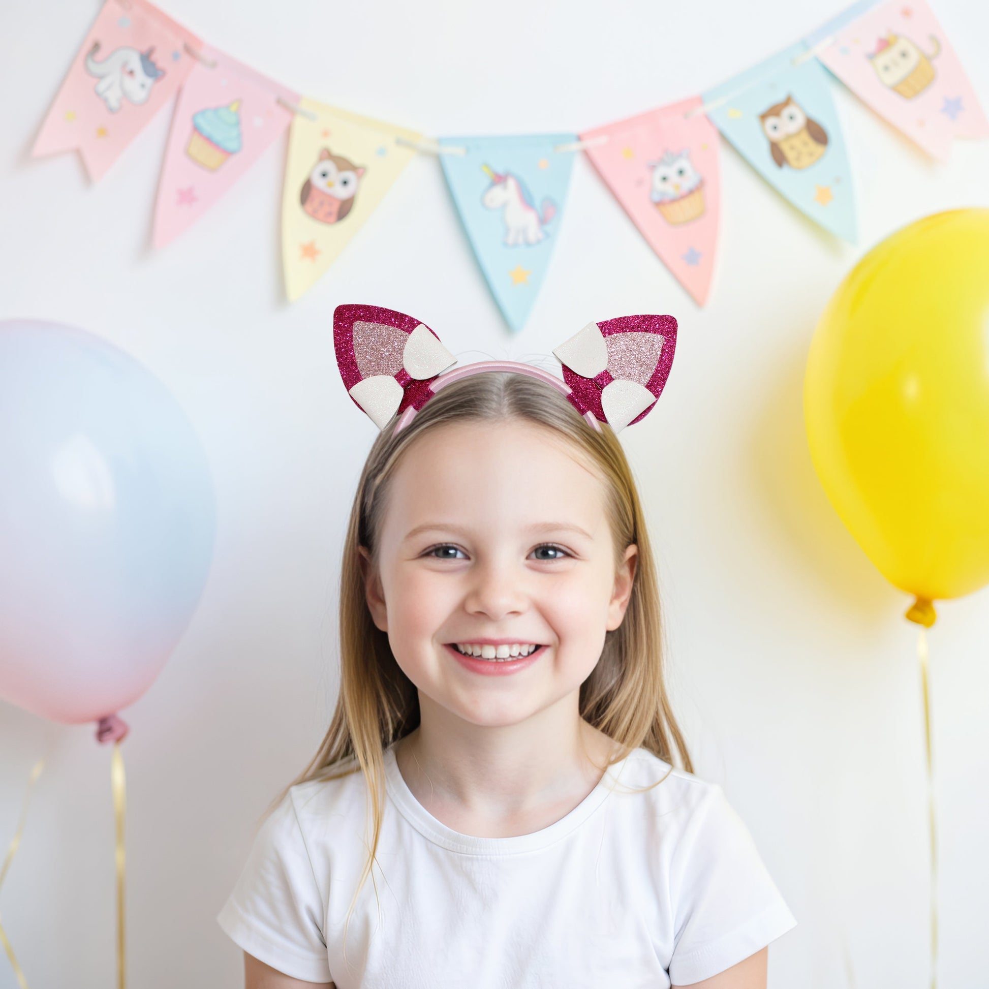 a smiling young girl with blonde hair, wearing a white shirt and red cat ears headband, surrounded by pastel-colored bunting and balloons,