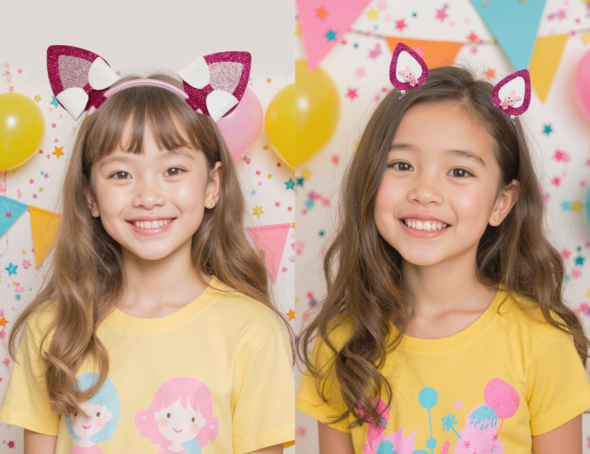 two young Asian girls with light brown hair, wearing matching yellow t-shirts and sparkly cat ear headbands, smiling.