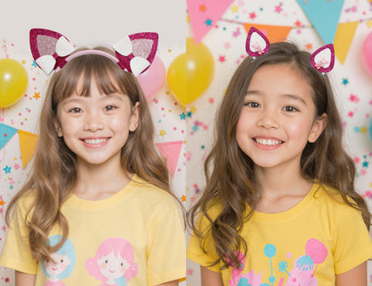 two young Asian girls with light brown hair, wearing matching yellow t-shirts and sparkly cat ear headbands, smiling.