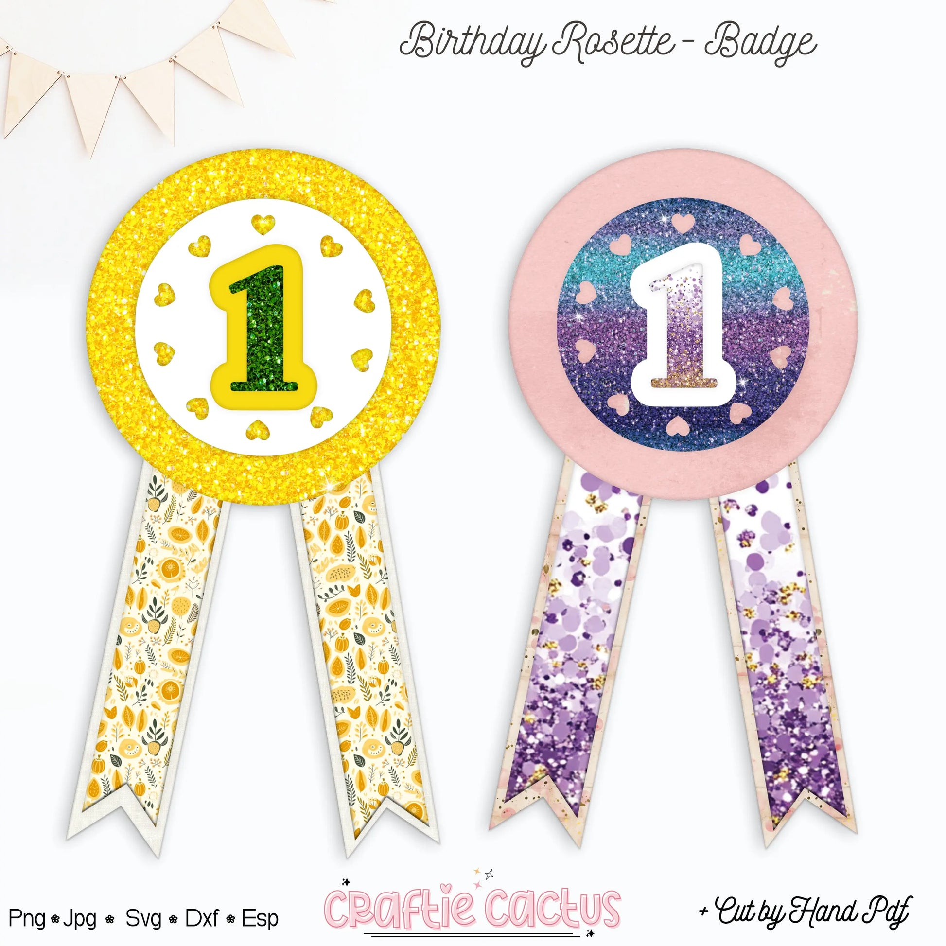 Birthday rosette badges with a "1" in the center. One is pastel pink with plaid and heart patterns; the other is glittery green and yellow. Festive and celebratory.