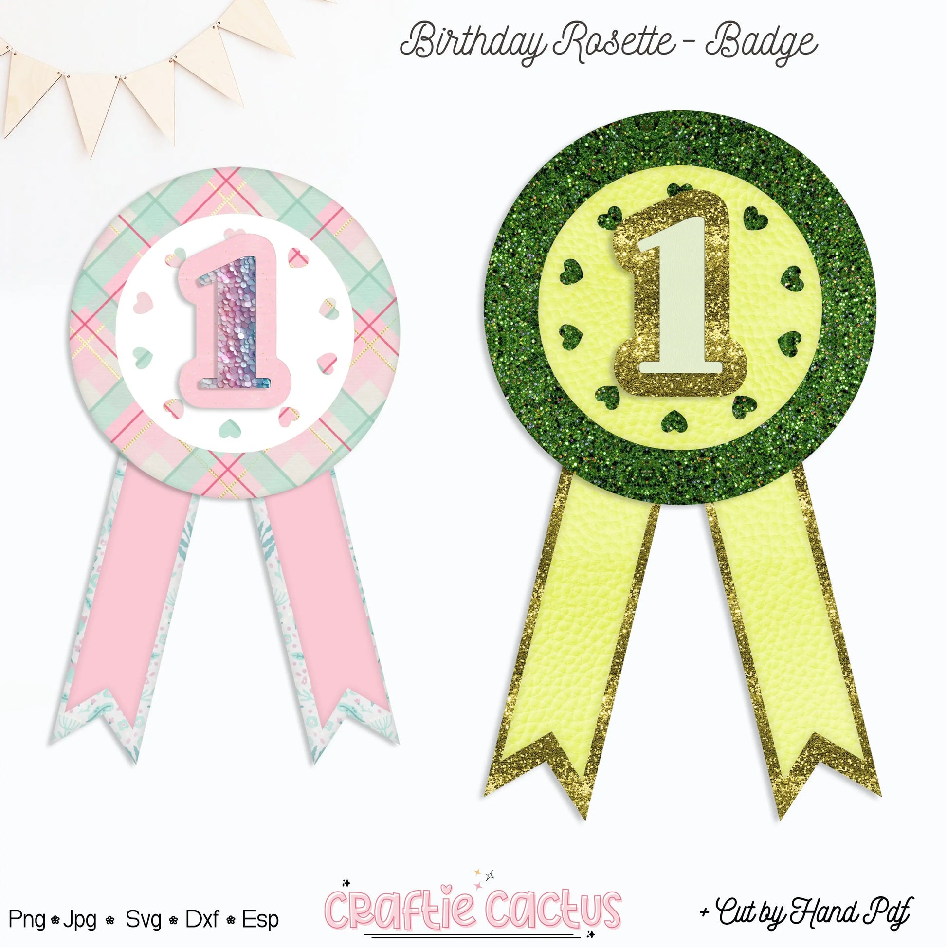 Circle with hearts Badge Rosette for Diy Birthday Party Favors | Rosette Badge svg -Birthday rosette badges with a "1" in the center. One is pastel pink with plaid and heart patterns; the other is glittery green and yellow. Festive and celebratory.
