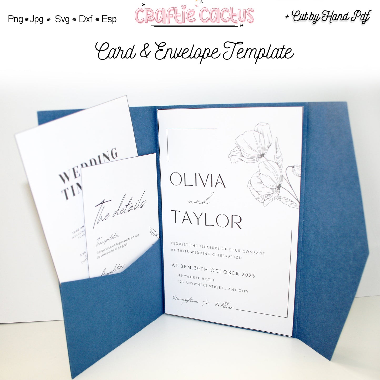 Tri Fold Wedding Envelope with pocket Cards & Envelope Template SVG n.2 Craftie Cactus