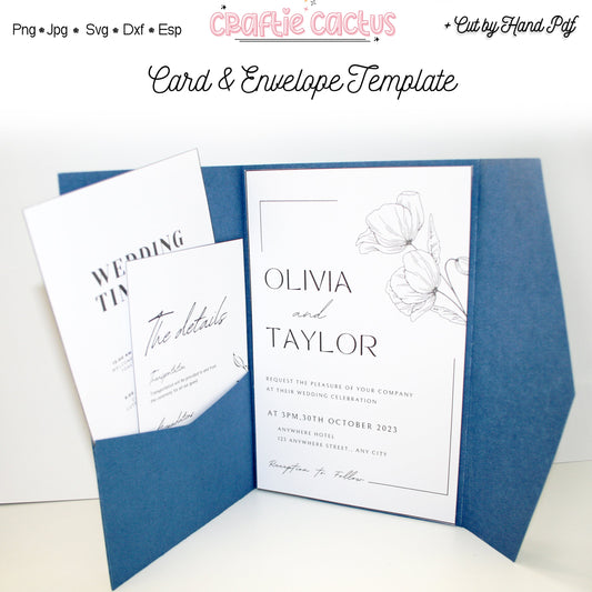 Tri Fold Wedding Envelope with pocket Cards & Envelope Template SVG n.2 Craftie Cactus