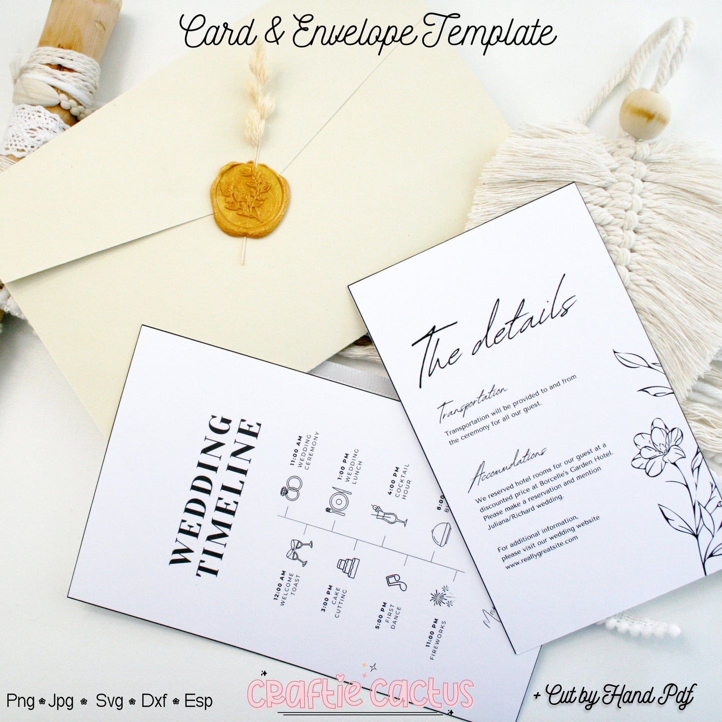Tri Fold Wedding Envelope with pocket Cards & Envelope Template SVG n.1 Craftie Cactus