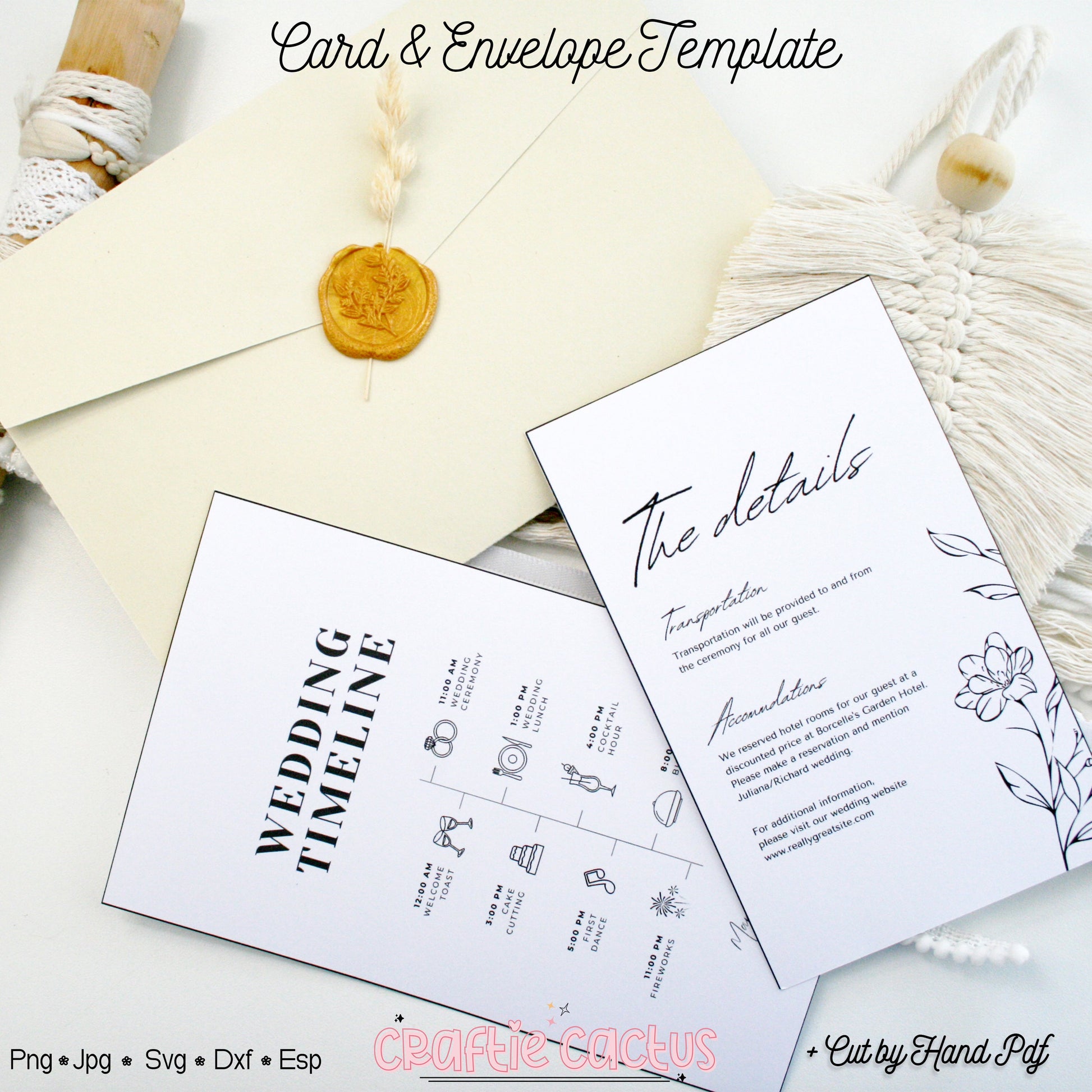 Tri Fold Wedding Envelope with pocket Cards & Envelope Template SVG n.1 Craftie Cactus