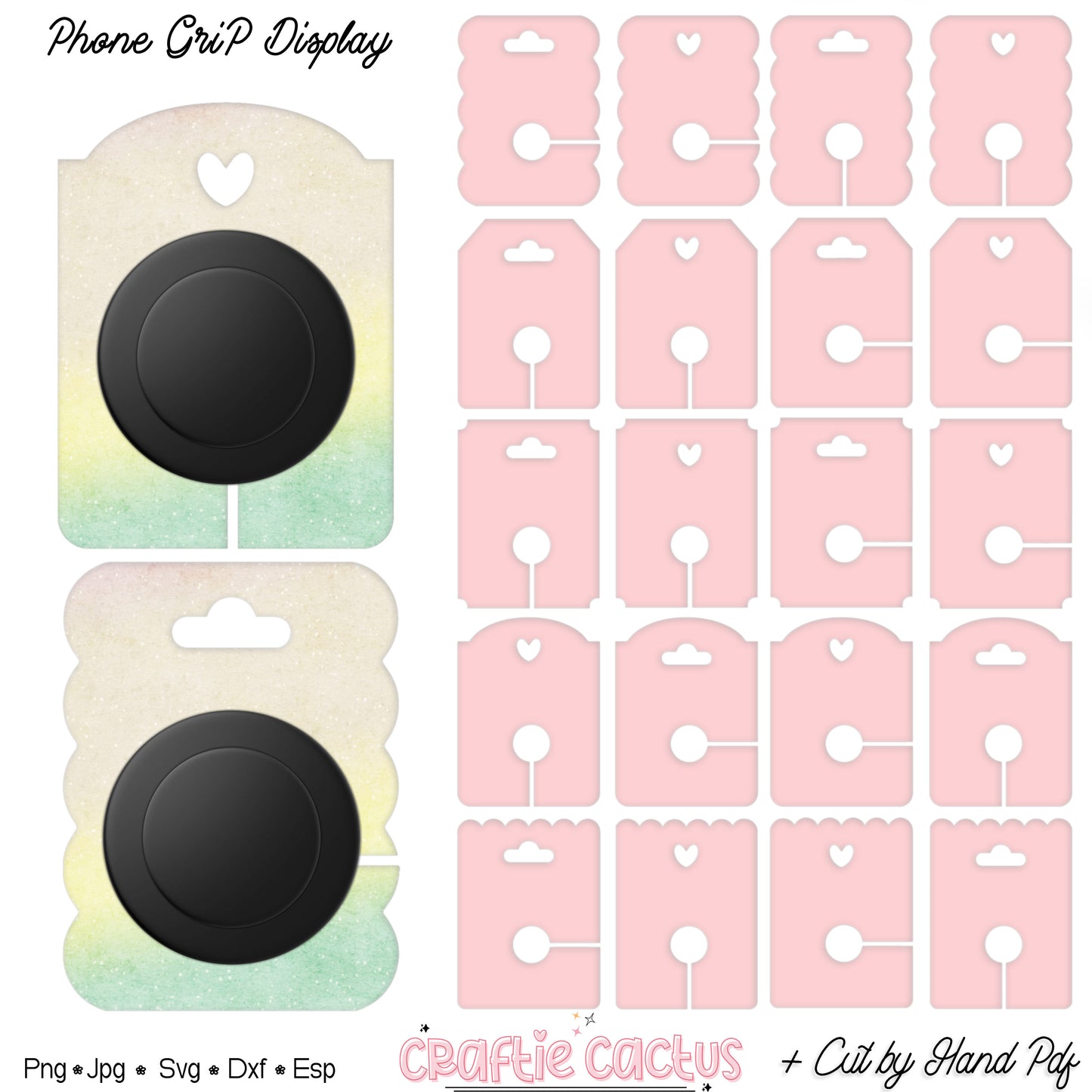 Phone grip display packaging with gradient design and pink cut-out shapes.Showcase your phone grips with these adorable and functional display cards! Designed for creators and sellers, these cards offer a charming way to present your phone accessories.