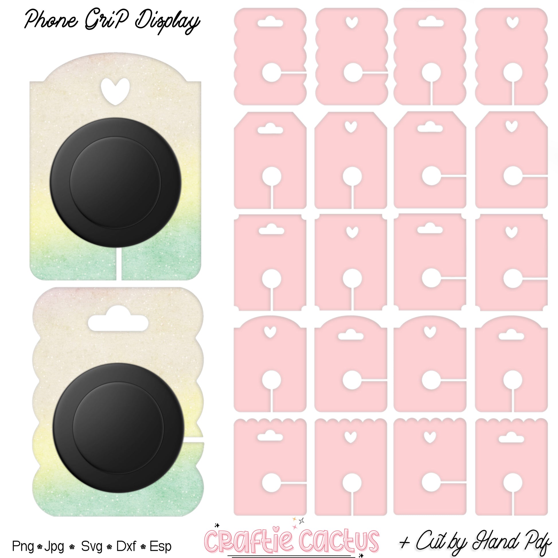 Phone grip display packaging with gradient design and pink cut-out shapes.Showcase your phone grips with these adorable and functional display cards! Designed for creators and sellers, these cards offer a charming way to present your phone accessories.