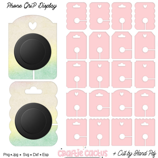 Phone grip display packaging with gradient design and pink cut-out shapes.Showcase your phone grips with these adorable and functional display cards! Designed for creators and sellers, these cards offer a charming way to present your phone accessories.