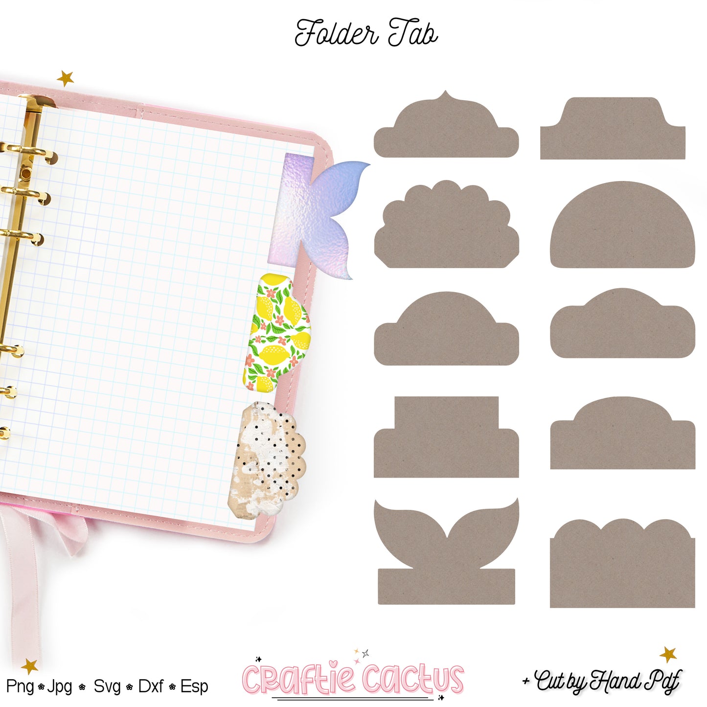 Decorative folder tabs with cloud and leaf shapes next to a planner.