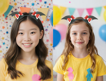Photograph of two Asian girls, one with long dark hair and the other with light brown hair, wearing yellow shirts, bat headbands with red and white accents, and smiling.
