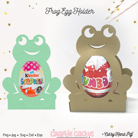 Frog-shaped egg holders with Kinder Surprise and Dubble Bubble eggs on a white background