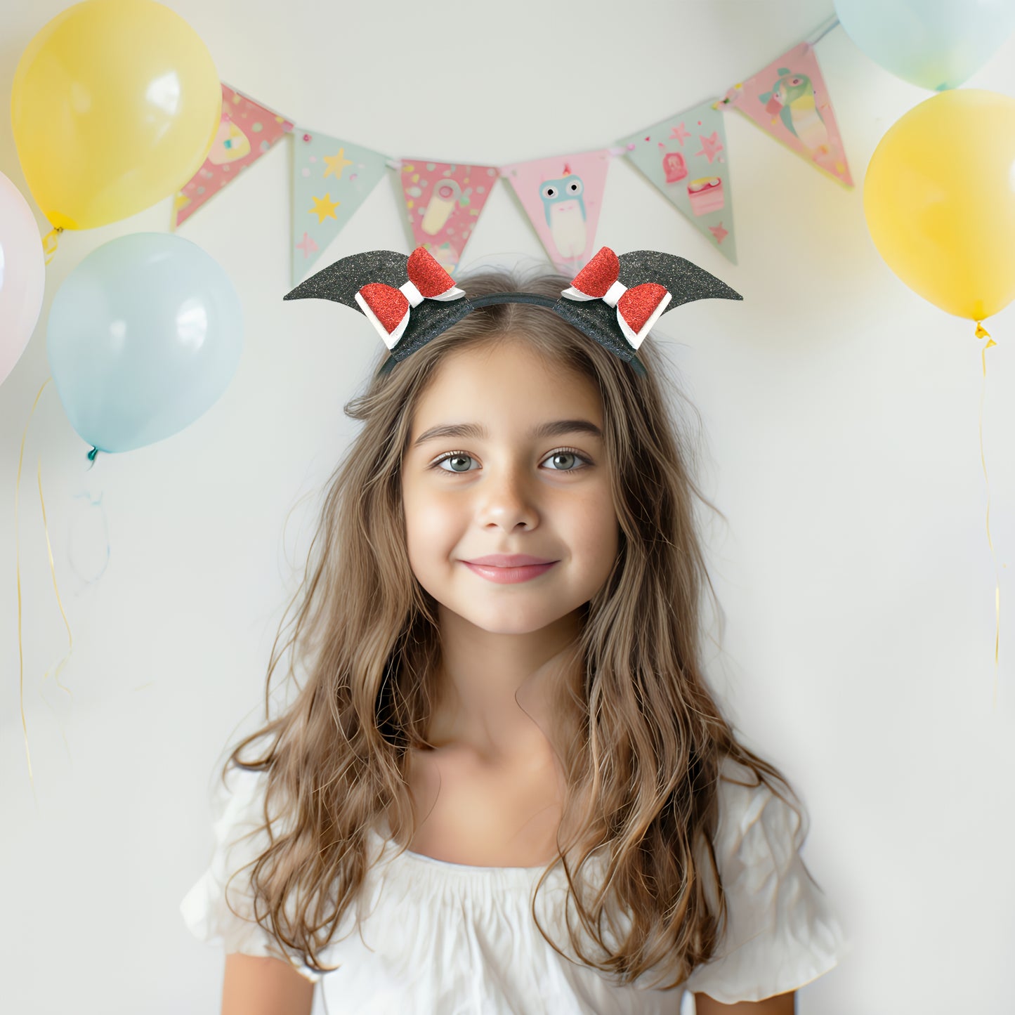 Young girl wearing bat ears with balloons and a banner in the background