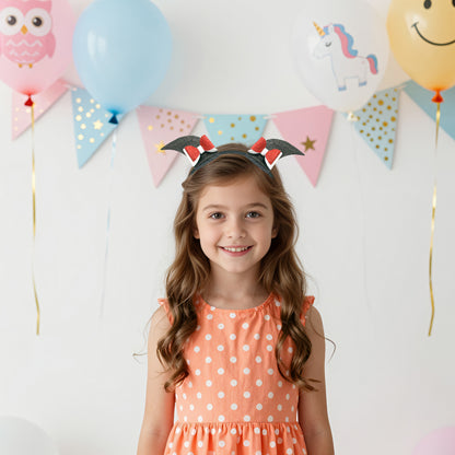 Young girl with bat ears in front of colorful balloons and decorations