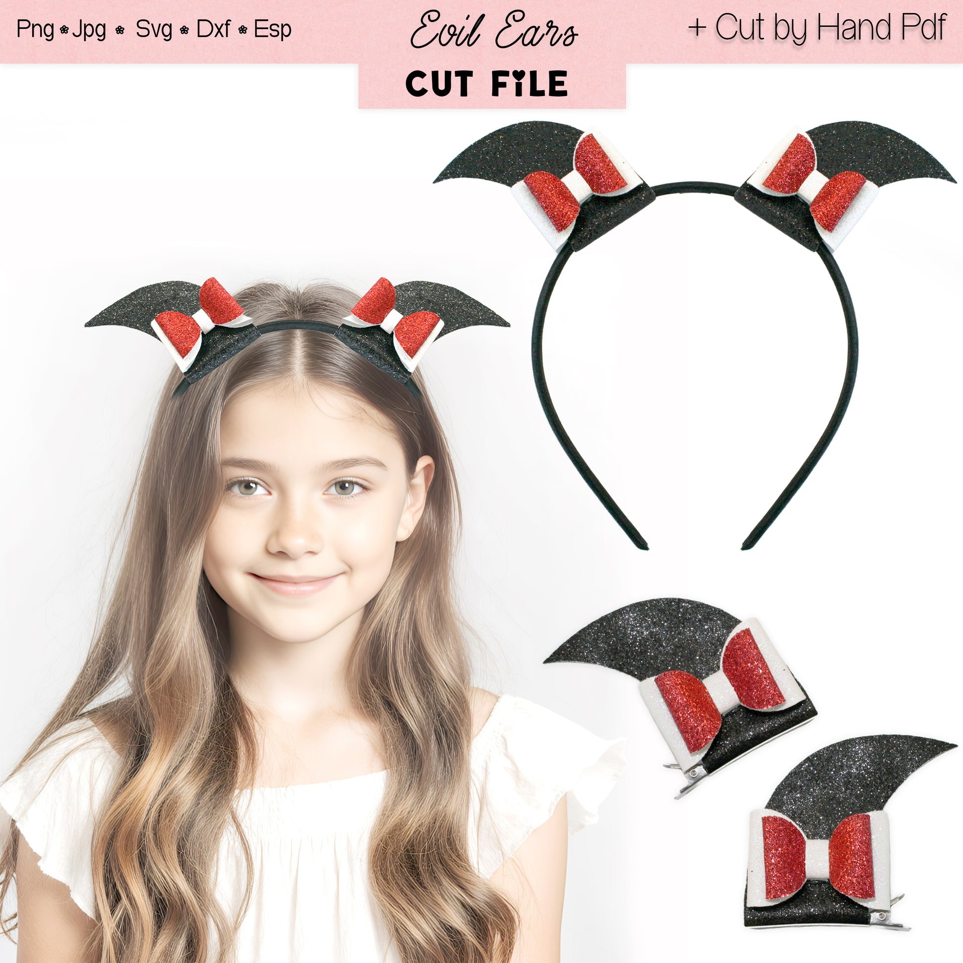 a young girl with long brown hair wearing a black headband with red and white bows, and two matching bows on display