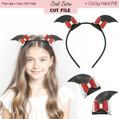 a young girl with long brown hair wearing a black headband with red and white bows, and two matching bows on display