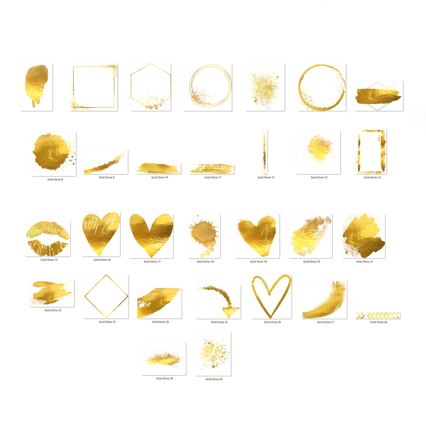 Collection of various gold design elements on a white background