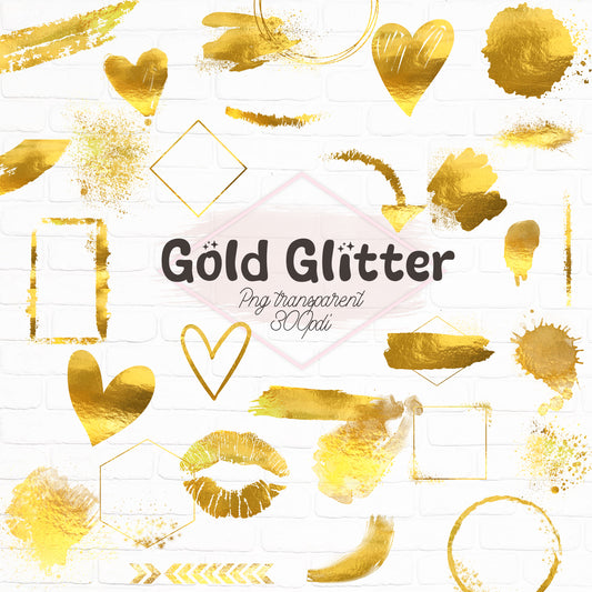 Gold glitter shapes on a white background with 'Gold Glitter' text.